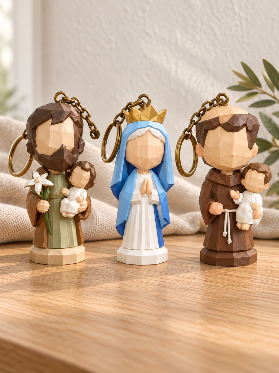 Kit com três chaveiros low poly de santos católicos pintados à mão