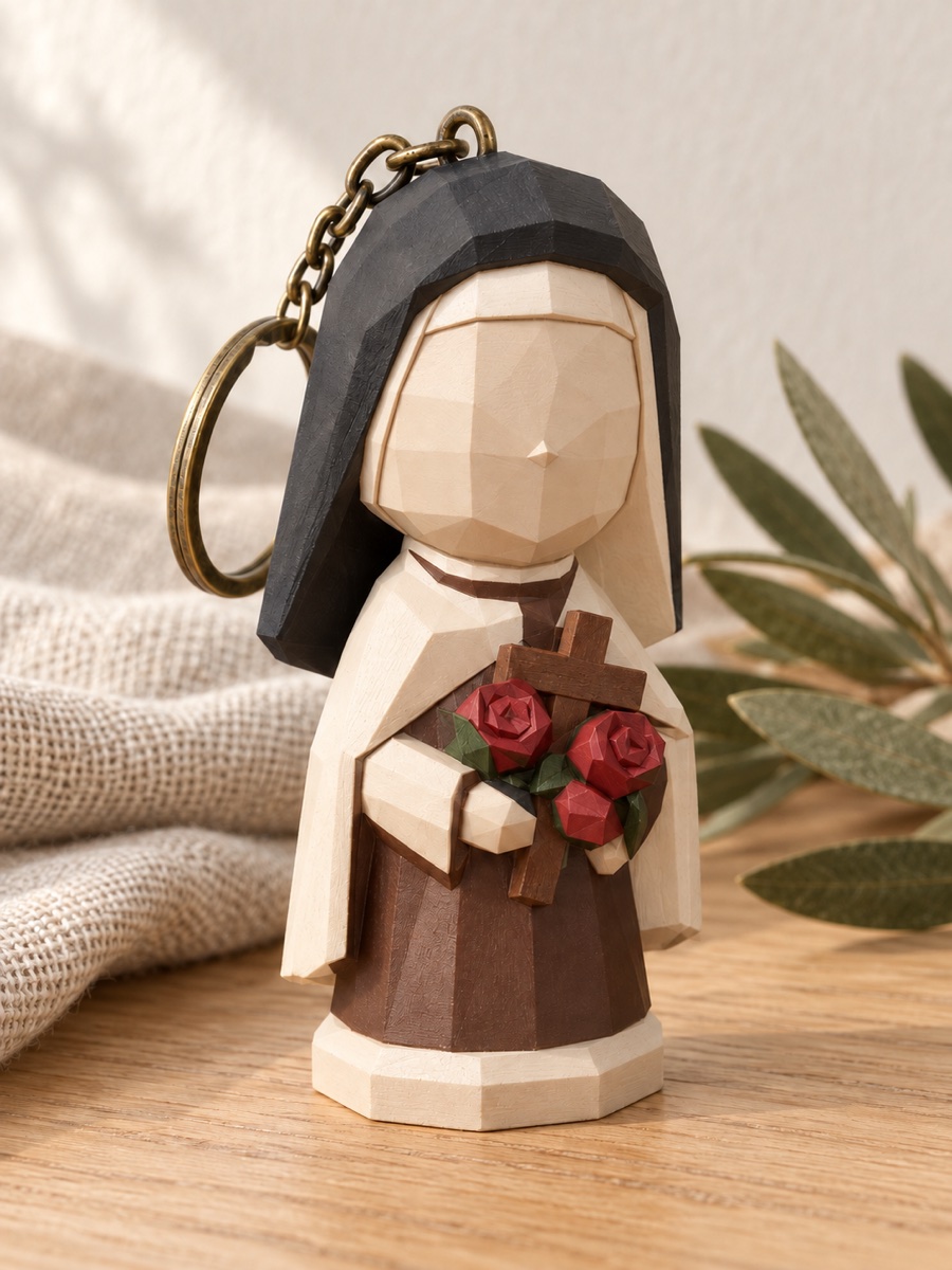 Chaveiro low poly de Santa Teresinha com rosas e crucifixo, pintado à mão