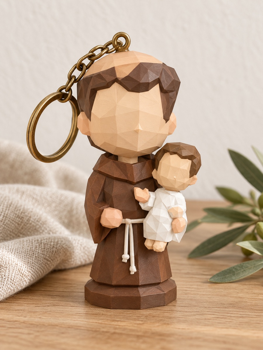Chaveiro low poly de Santo Antônio pintado à mão