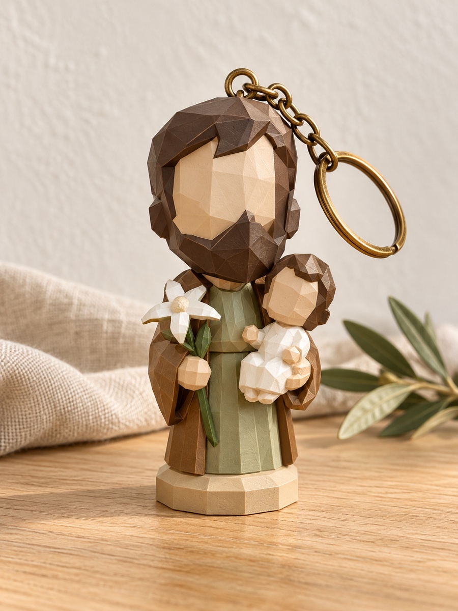 Chaveiro low poly de São José com o Menino Jesus, pintado à mão