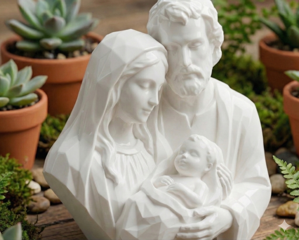 Escultura minimalista da Sagrada Família com textura de pedra